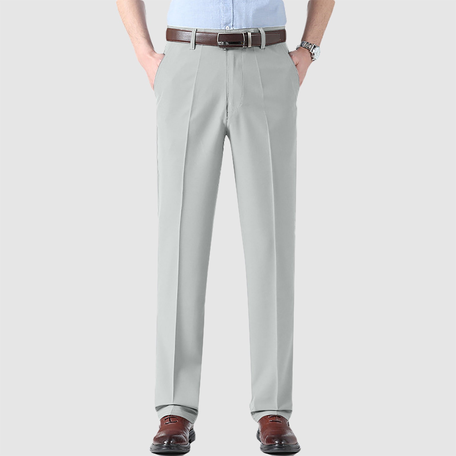 thumbnail image 2 of Pantalones de vestir plisados de corte clásico para hombre - Cintura elástica oculta 100 % poliéster Pantalones de vestir, 2 of 8